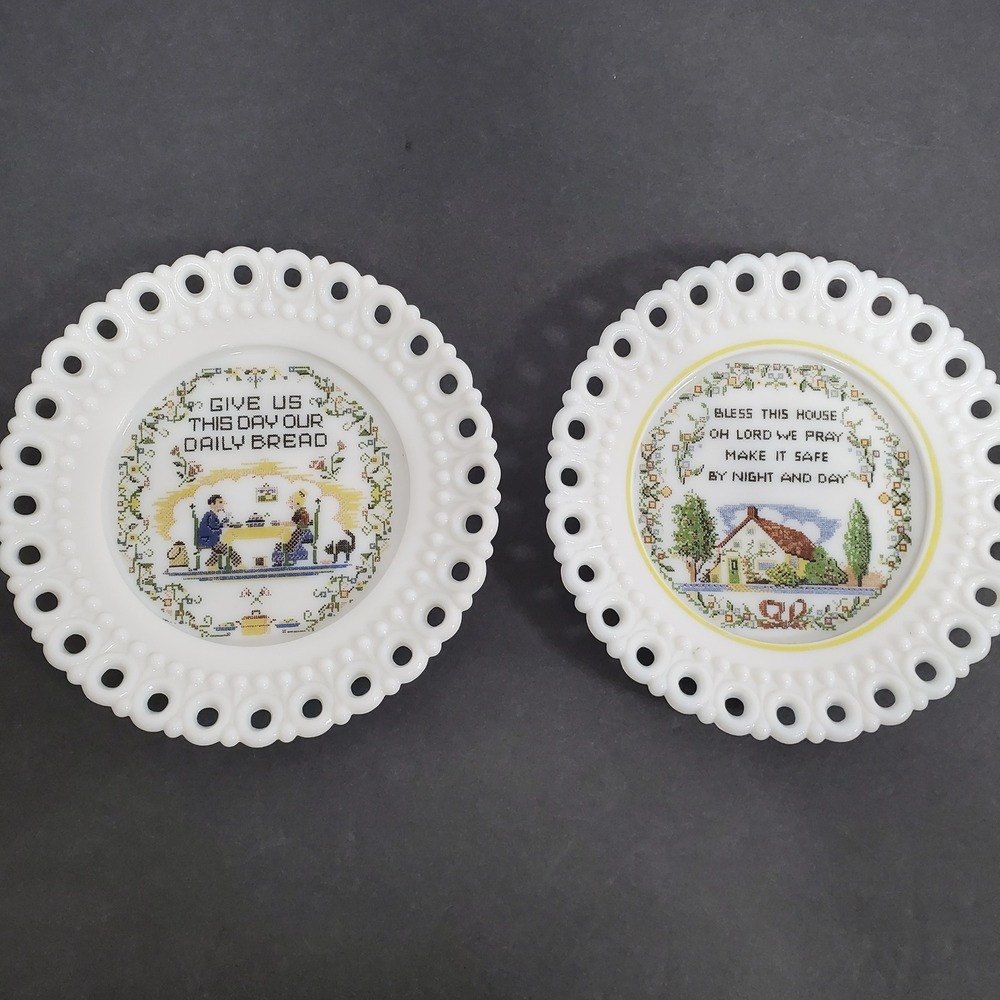 Set of 2 Vintage Milk Glass Plates Cross Stitch‎ Prayer Home Decor Collectible